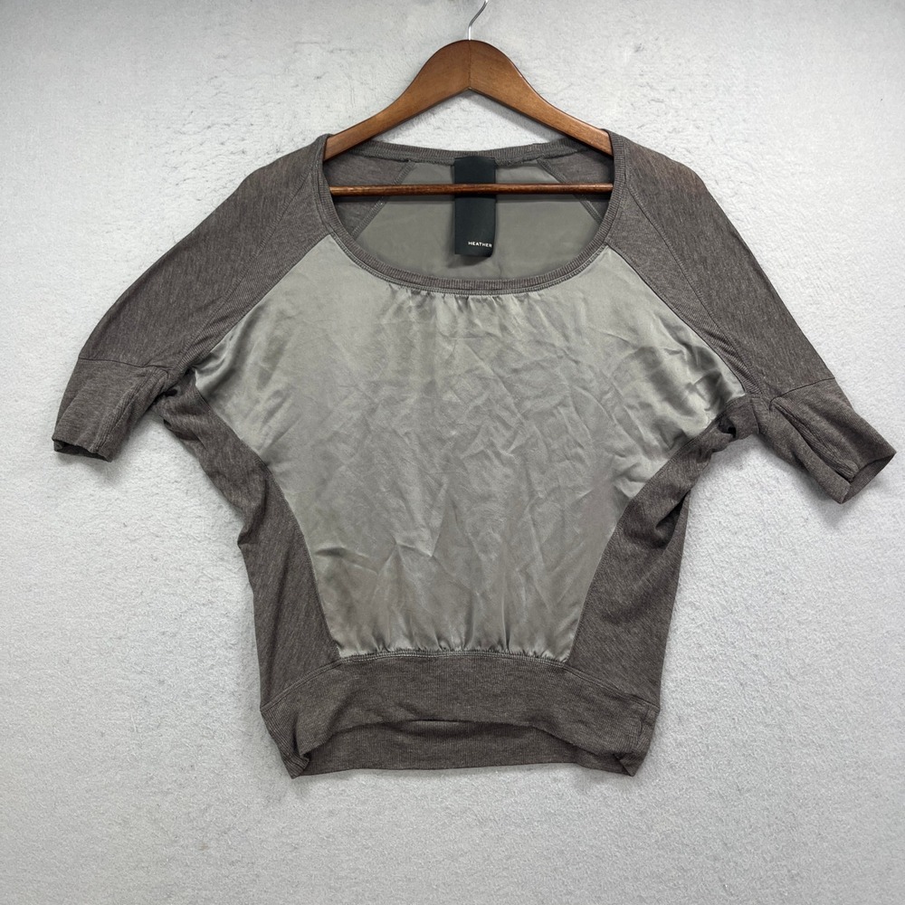 Heather Top Womens Small Gray Batwing Short Sleeve Mixed Media Silk Blend Casual